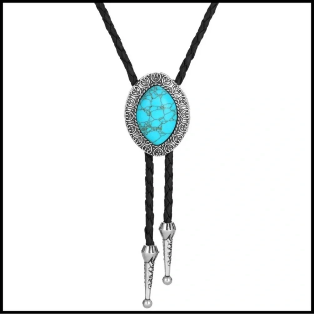 Vintage Turquoise Bolo Tie Handmade Western Cowboy Adjustable Leather Cord new